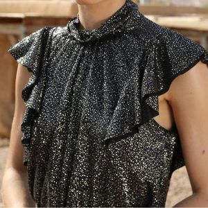 Sabina Musayev Black Ruffle Shoulder High Neck Diamond Shimmer Gold Top Size XS